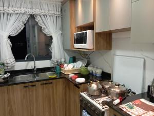 a small kitchen with a sink and a microwave at Priscila II in La Paz
