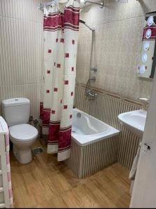 a bathroom with a toilet and a sink and a shower curtain at عباس العقاد in Cairo