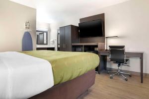 Habitación de hotel con cama, escritorio y TV. en Quality Inn & Conference Center Panama City, en Panama City