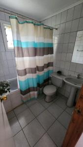 y baño con cortina de ducha y aseo. en Cabañas Tronco viejo, en La Serena