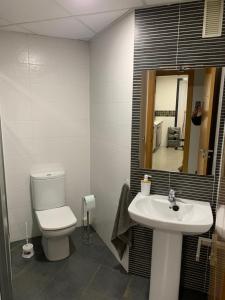 une salle de bain avec toilettes, lavabo et miroir dans l'établissement Habitacion privada en urbanización con piscina y pista de padel, à El Puerto de Santa María 10 autres photos