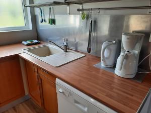 uma cozinha com um lavatório e uma mesa de mistura num balcão em Gîte Brain-sur-Allonnes, 3 pièces, 4 personnes - FR-1-622-4 em Brain-sur-Allonnes