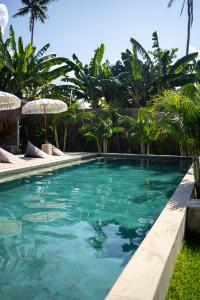 a swimming pool in a resort with palm trees at Suku Lifestyle Hotel in Selong Belanak