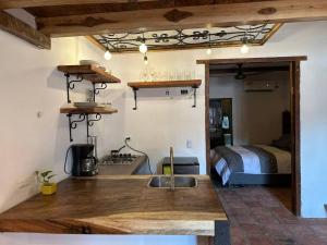 a kitchen with a sink and a bed in a room at AptoPardo1945 in Mompos