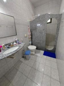 een badkamer met een wastafel, een toilet en een douche bij Uma jóia em frente ao mar! in Piúma