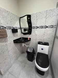 bagno con servizi igienici, lavandino e specchio di Casa bonita y cómoda a Santa Cruz de la Sierra