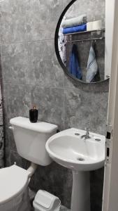 bagno con lavandino, servizi igienici e specchio di Don Will Aparts a Puerto Esperanza