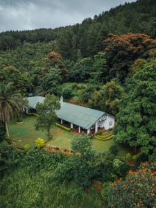 an aerial view of a white barn in the middle of a forest at Kudaoya Bungalow in Rattota