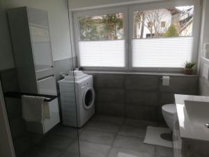 ein Bad mit einer Waschmaschine und einem Fenster in der Unterkunft Ferienwohnung Bergnest in Niederndorferberg
