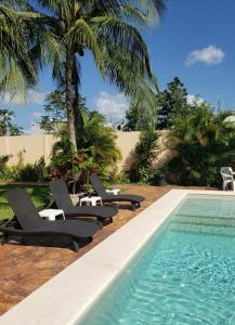 una piscina con 2 tumbonas y una piscina en Coral Island Suites Cozumel en Cozumel