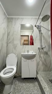 y baño con aseo, lavabo y ducha. en Отель KOKSHETAU en Kokshetau
