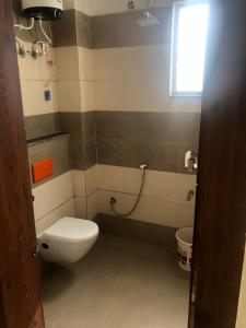 ein Bad mit einem WC, einem Waschbecken und einem Fenster in der Unterkunft C T Heights Inn in Bharatpur