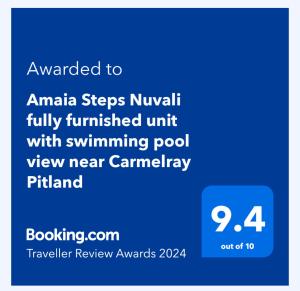 Certifikat, nagrada, logo ili neki drugi dokument izložen u objektu Amaia Steps Nuvali fully furnished unit with swimming pool view near Carmelray Pitland