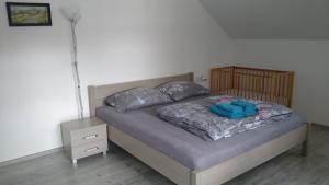 a bedroom with a bed with blue sheets and pillows at Rejviz apartmany in Zlaté Hory