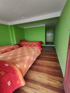 - une chambre avec 2 lits et des murs verts dans l'établissement Hostal Isla del Sol, à Comunidad Yumani