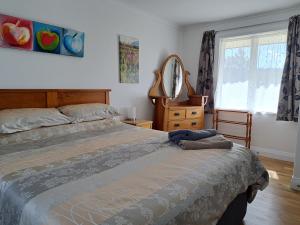 a bedroom with a bed and a mirror and a window at Golden Hills Farm Cottage in Nelson