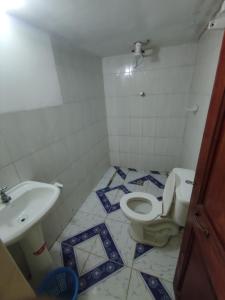 La salle de bains est pourvue de toilettes et d'un lavabo. dans l'établissement Hostal Isla del Sol, à Comunidad Yumani