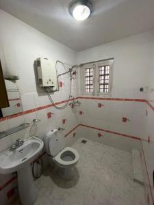 y baño con aseo y lavamanos. en Fully furnished 1bhk flat near dhumbarahi area en Katmandú