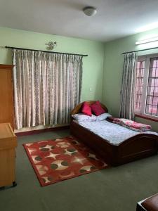 1 dormitorio con 1 cama con alfombra y ventana en Fully furnished 1bhk flat near dhumbarahi area en Katmandú