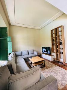 een woonkamer met een bank en een tv bij Charming Villa with Pool, Garden and Pingpong in Marrakesh
