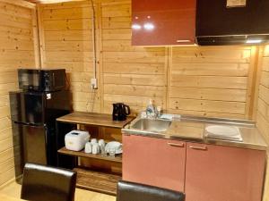 a small kitchen with a sink and a refrigerator at Shirakaba no mori Cottage - Vacation STAY 90794v in Abashiri