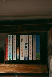 a row of books sitting on a book shelf at Quaint, rustic cabin with period features, stunning views & hot tub in Llangadog