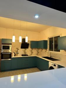 a large kitchen with green cabinets and appliances at Le bonheur in Dzaoudzi