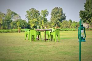 grupa zielonych krzeseł wokół stołu na polu w obiekcie Ranthambhore Nature Farm w mieście Sawai Madhopur