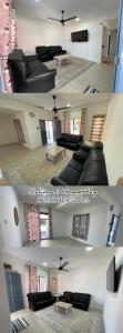 two pictures of a living room with black furniture at Rahmani Homestay in Kota Kinabalu