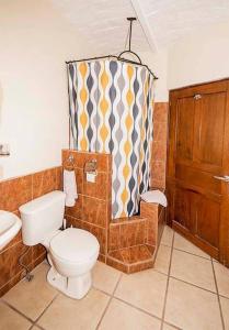a bathroom with a toilet and a shower curtain at King Bed in Our Guest Room at Inn Ajijic in Ajijic