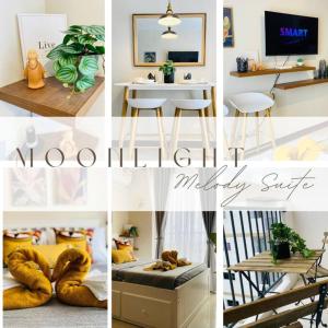 eine Collage mit Fotos von einem Wohnzimmer und einem Esszimmer in der Unterkunft Moonlight Melody Suite in Basbas