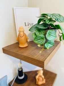 a wooden shelf with a plant and figurines on it at Moonlight Melody Suite in Basbas