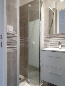 La salle de bains est pourvue d'une douche en verre et d'un lavabo. dans l'établissement Bel appartement avec patio, à Villejuif