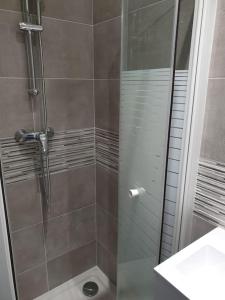 La salle de bains est pourvue d'une douche avec une porte en verre. dans l'établissement Bel appartement avec patio, à Villejuif
