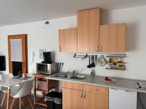 a kitchen with wooden cabinets and a counter top at Weinberg Lounge in Eisingen