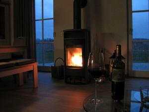 a room with a fireplace and a glass of wine at Thatched cottage Starfish in Zierow