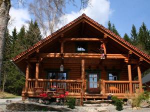 uma cabana de madeira com uma pessoa de pé no alpendre em Holiday home Placzek em Schierke
