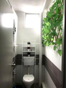 bagno con servizi igienici, finestra e pianta di Alia Express CZ Hotel a Pasir Puteh