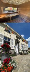 two pictures of a house with flowers in front of it at Horenbecca Bistro & Wellness in Horebeke