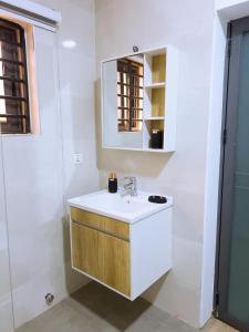 een badkamer met een wastafel en een spiegel bij Spacious 3 Bedroom Apartment in Tema, Accra, Ghana in Tema