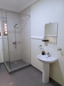 een witte badkamer met een douche en een wastafel bij Spacious 3 Bedroom Apartment in Tema, Accra, Ghana in Tema