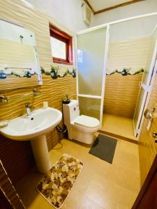 La salle de bains est pourvue d'un lavabo, d'une douche et de toilettes. dans l'établissement The beach gate villa, à Beruwala