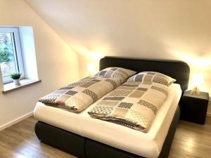 um quarto com uma cama com almofadas e uma janela em Spacious apartment near ski-lift em NeuhÃ¼tten