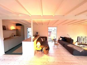ein Wohnzimmer mit einem Sofa und einer Küche in der Unterkunft Svalemosej 42 in Strøby Egede