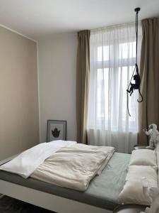 Schlafzimmer mit einem Bett und einem Fenster mit weißen Vorhängen in der Unterkunft Moderne und stilvolle Wohnung direkt am Teich in Altenburg