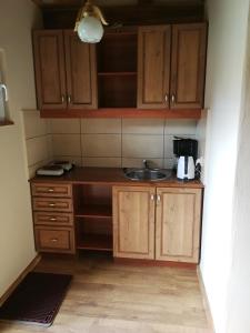 a small kitchen with wooden cabinets and a sink at Stonka in Chłopy