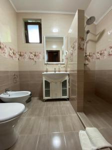 ein Badezimmer mit einem Waschbecken, einem WC und einer Badewanne in der Unterkunft Oasis Karpat in Poljana
