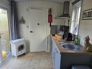 a kitchen with a sink and a cat sitting on the counter at Glamping Hut - Riverside 1 in Welshpool