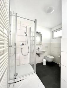 a bathroom with a shower and a toilet and a sink at Aparthotel Peerless Dine in Heidenheim an der Brenz