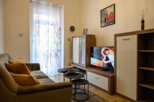 Apartman Karolina في زغرب: غرفة معيشة مع أريكة وتلفزيون